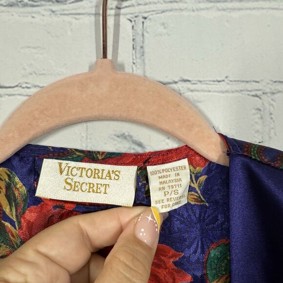 Vintage 90s Victoria's Secret Satin Sleep Dress Womens Small Purple Blue Floral - Picture 4 of 14